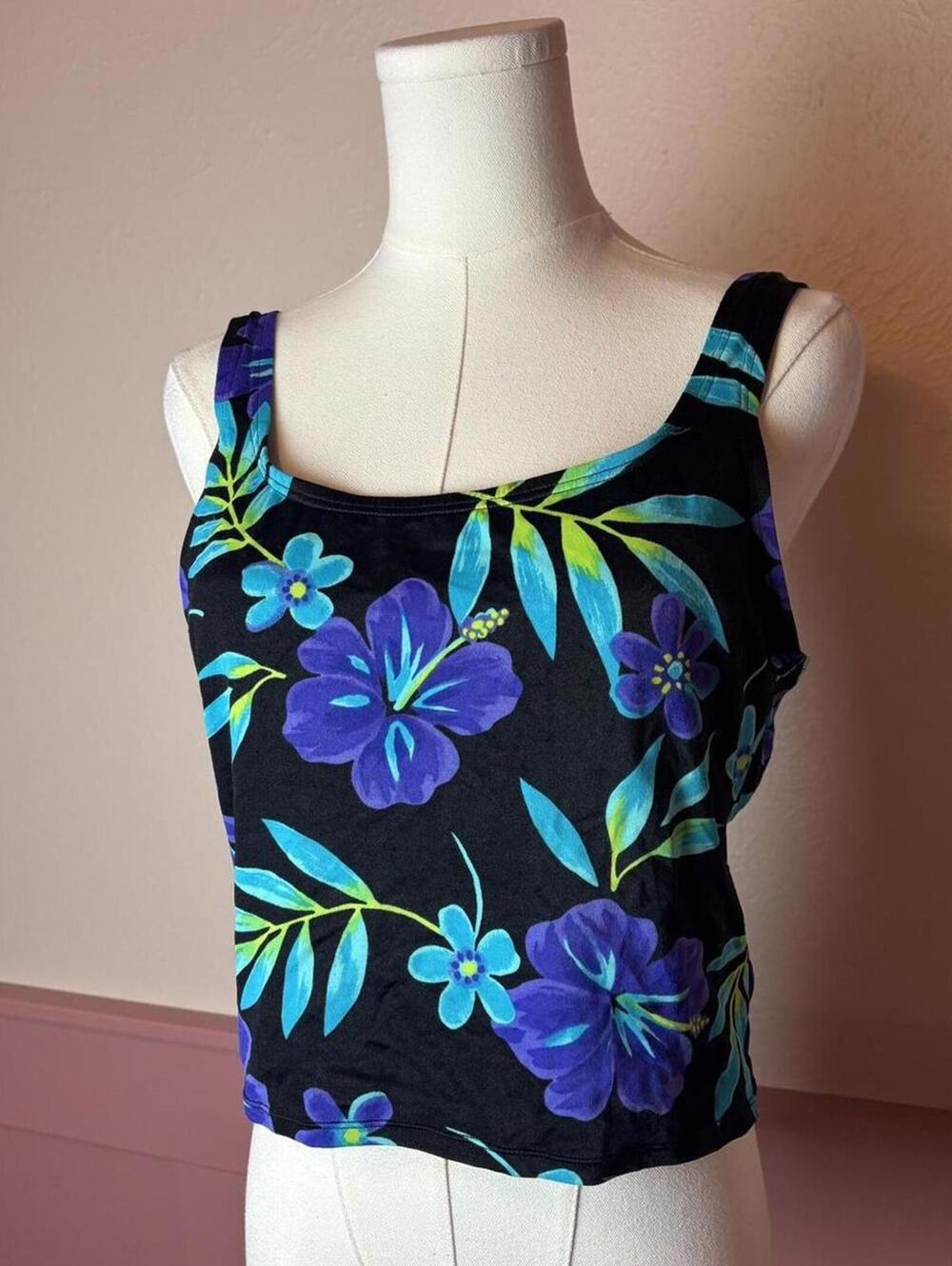 Catalina vtg floral tankini black blue sz large beach swim pool summer